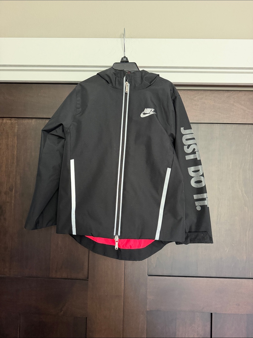 Nike Black Kids' Hooded Raincoat with Reflective Accents and Pink Lining size 6